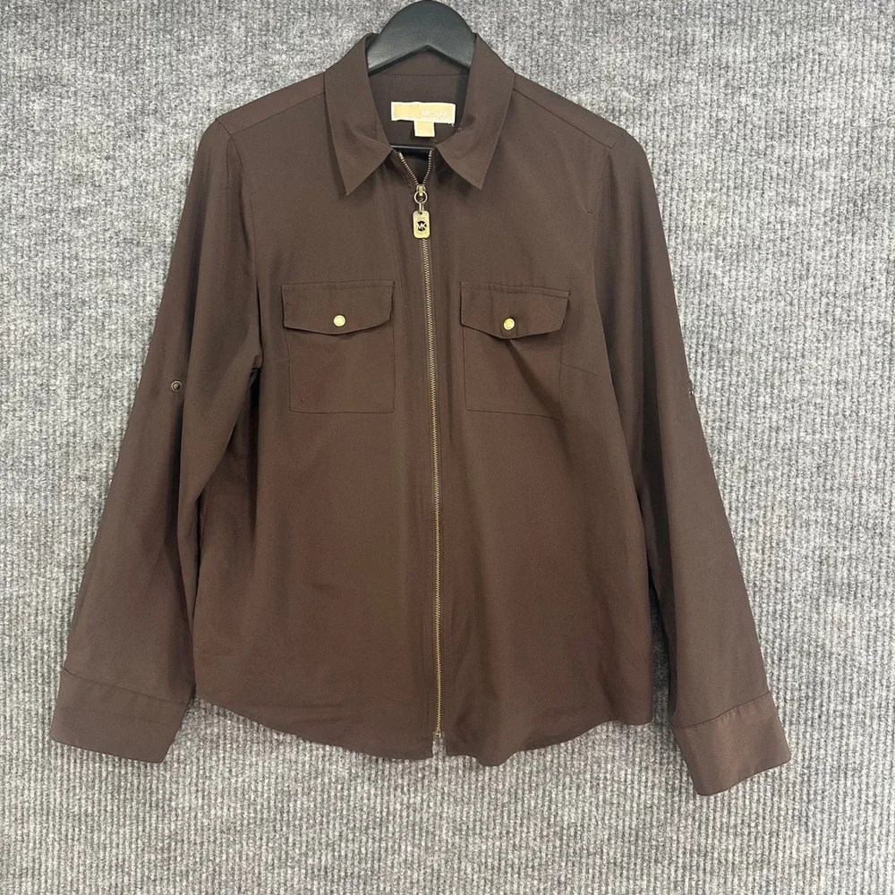 Michael Kors Zip Front Utility Shirt Womens Large Brown Excellent Roll Tab Top